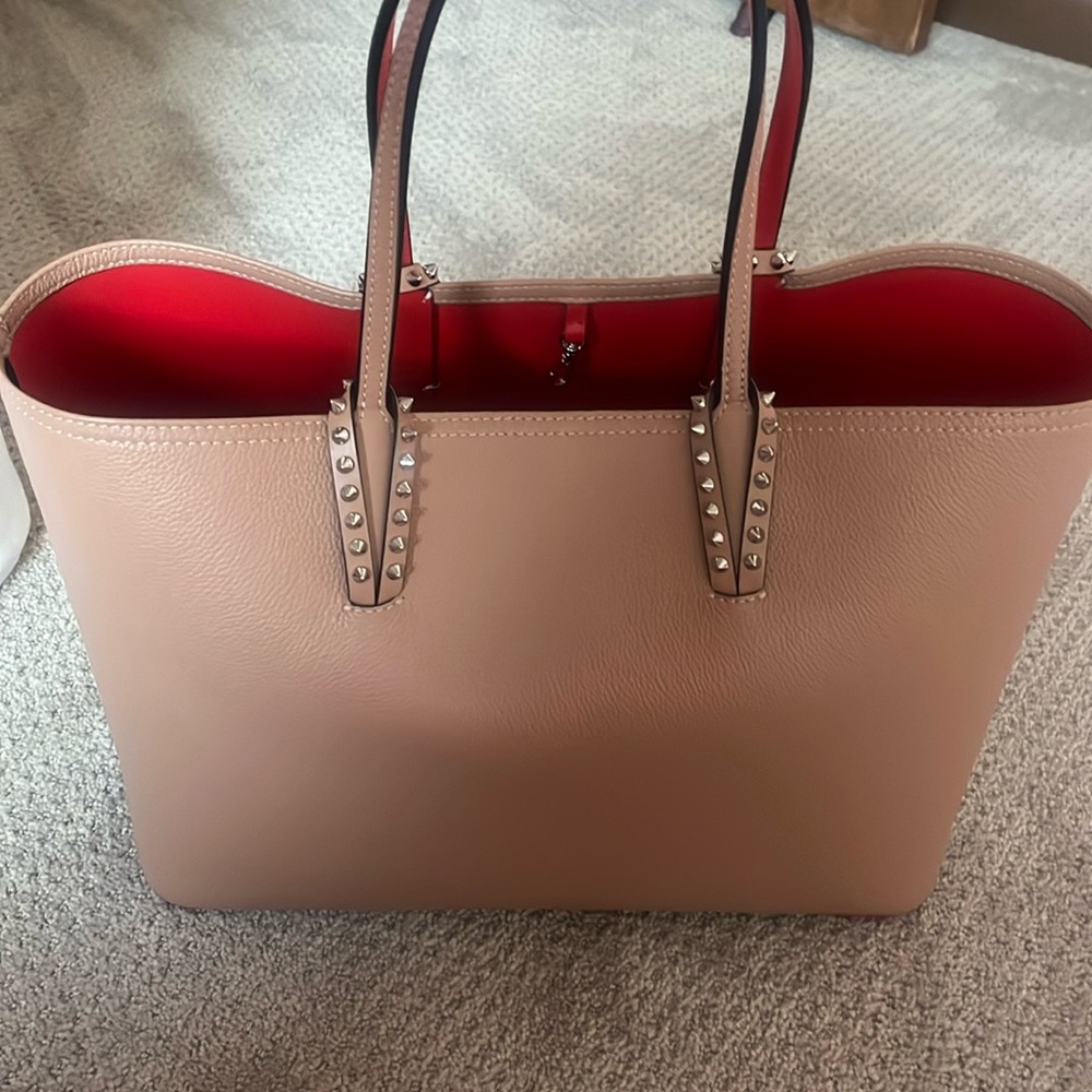 Christian Louboutin Tan and Red Tote with Studded Handles